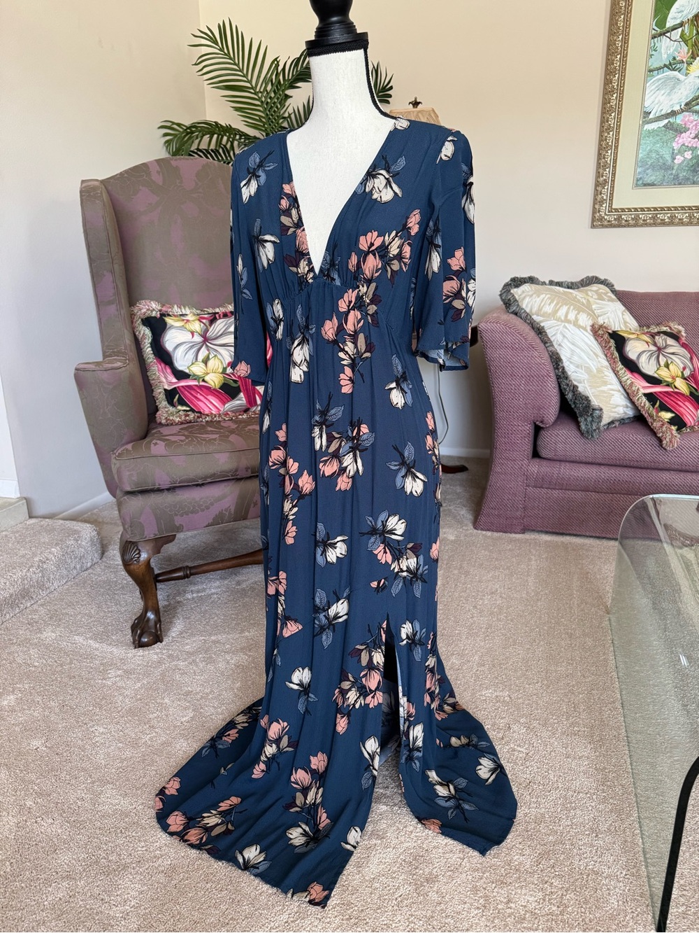 lovestitch Navy Floral V-Neck Maxi with Pink & Cream Blossoms